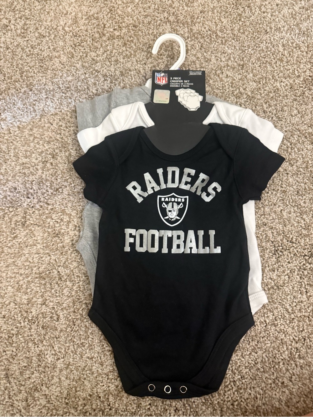 NFL Raiders Black Gray White 3-Pack Baby One-Piece Bodysuits